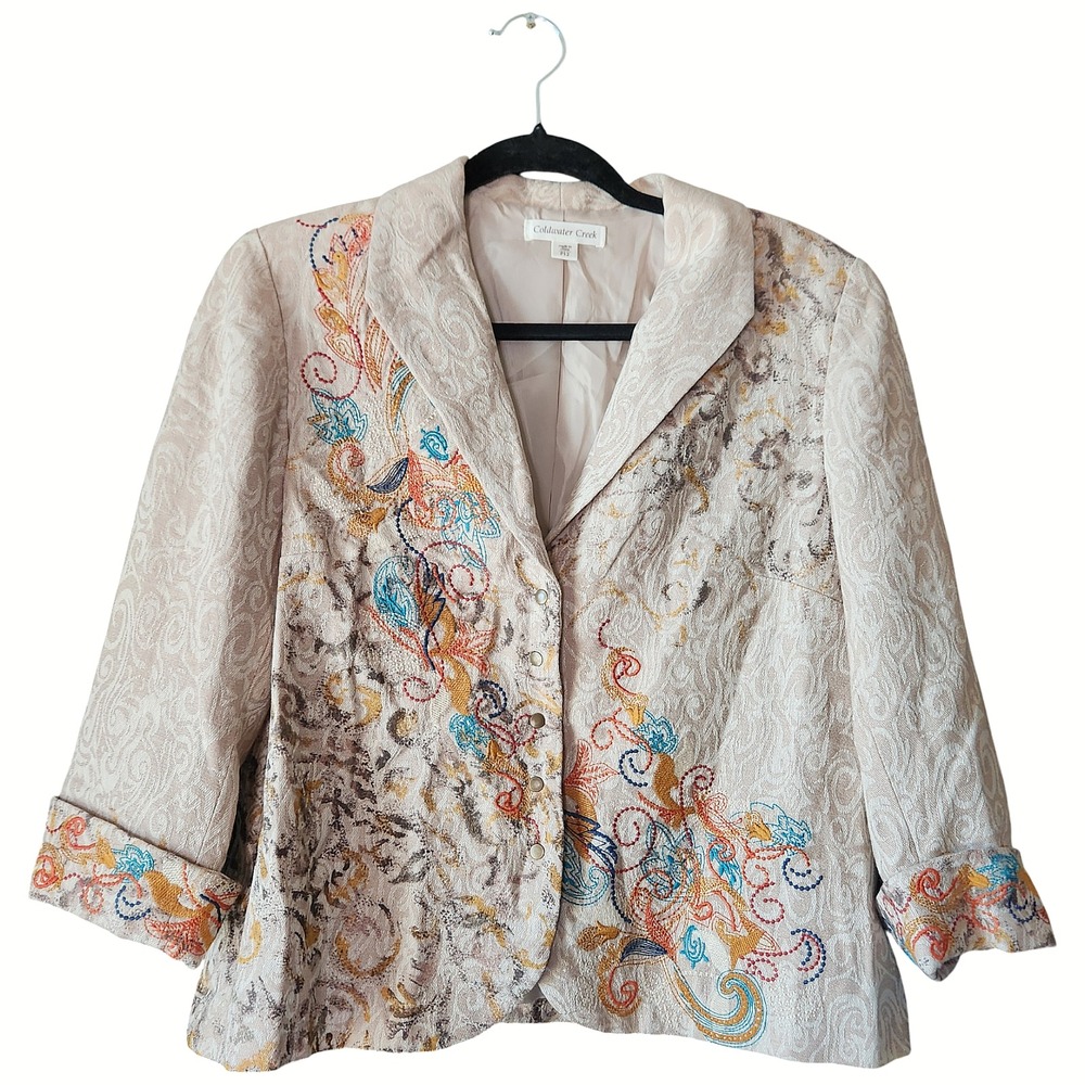 Coldwater‎ Creek Jacket Women's 12 Petite Beige Cotton Linen Boho 3/4 Sleeves